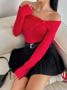 SHEIN EZwear Women's Red Off Shoulder Fitted Sweater For New Year - Red - View 6