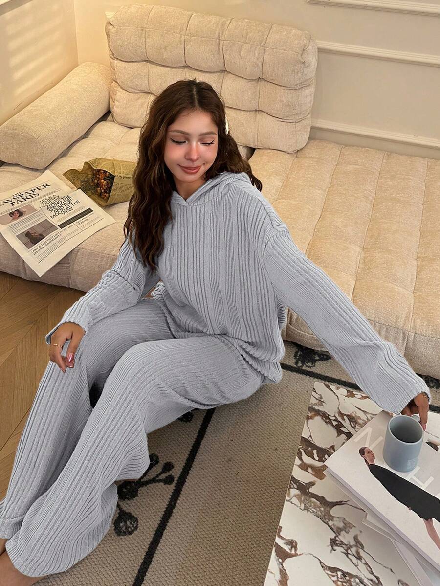 SHEIN Leap Crew 2 件青少年女孩休闲针织罗纹长袖连帽衫运动衫和直腿宽松睡衣裤套装，轻松舒适，秋冬 - 灰色 - 查看 1