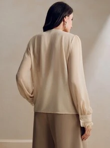 Anewsta Blusa elegante y moderna con cuello redondo y mangas con volantes, adecuada para el Día de San Valentín, vacaciones, Año Nuevo - Albaricoque - Ver 3