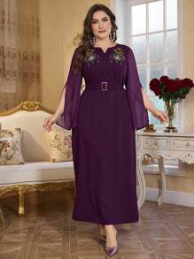 Modelyn Plus Size Chiffon & Knitted V-Neck Embroidered Straight Dress With Tie Waist, Elegant Long Dress - Purple - View 3