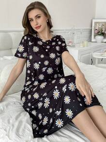全身蝴蝶和雏菊印花休闲短袖女士睡袍，Moo Moo - 黑色 - 查看 1