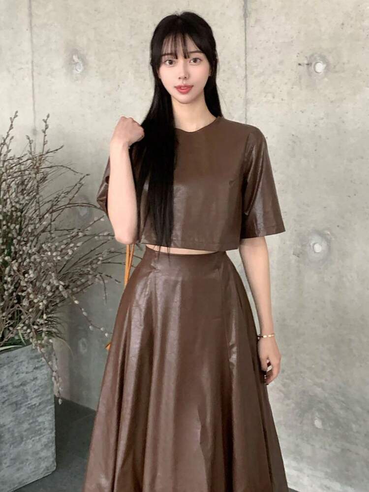 Women 2 Pieces Set PU Leather Solid Color Top And Skirt, Spring/Summer/Autumn