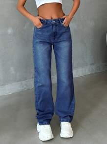 EURMUSE HIGH RISE STRAIGHT CUT LIGHT BLUE JEAN - Medium Wash - View 5