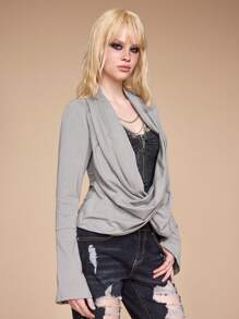 ROMWE Grunge Punk Y2K Gyaru Style Necklace Decor 2 In 1 Scoop Neck Bell Sleeve Top - Grey - View 4