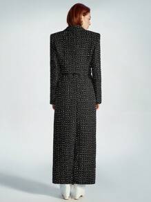 SHEIN Privé 时尚宽松短款夹克搭配超长直筒裙，粗花呢女式套装，秋季 - 黑色 - 查看 3