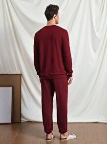 Manfinity VCAY 2pcs Men's Knitted Intarsia Loose Drop Shoulder Crew Neck Long Sleeve Sweatshirt Set, Casual Fit For Everyday Wear, Autumn - Burgundy - View 2