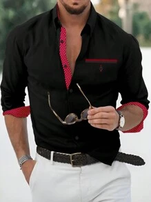 Manfinity Mode Men's Solid Color Button-Front Long Sleeve Pocket Minimalist Top - Black - View 7