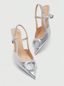 CUCCOO BIZCHIC 女士方形扣装饰纯色尖头露跟小猫跟露跟穆勒鞋，简约舒适，适合工作、派对、正式场合，适合秋冬季，银色低跟春季鞋春假复活节 - 銀色 - 查看 9