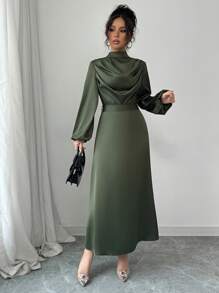 Elenzga Vestido de mujer elegante de satén brilloso con pliegues, cuello drapeado, manga larga y campana, para primavera y otoño