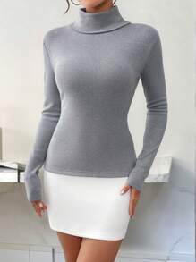 SHEIN Essnce Nuevo vestido mini ajustado de 2024 para otoño/invierno, con cuello alto, mangas largas y efecto sirena de patchwork y bloqueo de color, para oficina/uso diario - Gris - Ver 4
