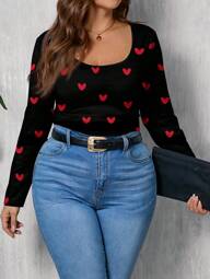 SHEIN LUNE Camiseta ajustada de talla grande para mujer con estampado de corazones en todo el diseño, de estilo minimalista y casual, para el Día de San Valentín