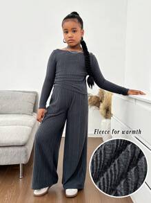 SHEIN Tween Girls Casual And Warm Dark Gray Pitted Knitted Slim Top + Wide-Leg Pants Two-Piece Set, For Autumn Winter, Suitable For Casual Daily Wear & School Daily In Autumn & Winter, Back To School