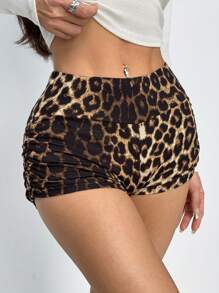 SHEIN PETITE Leopard Print Fashion Ruched Biker Shorts - Brown - View 3