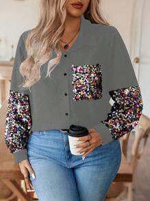 Calvaya Plus Size Women Sequin Patchwork Long Sleeve Single-Breasted Pocket Shirt, Fashionable Autumn Fall Cloth For Women - Grey - View 1
