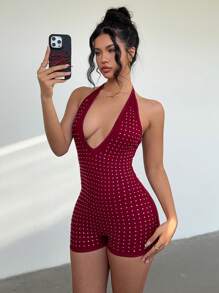 Aloruh Women's Rhinestone Decor V-Neck Backless Jumpsuit - Burgundy - View 6