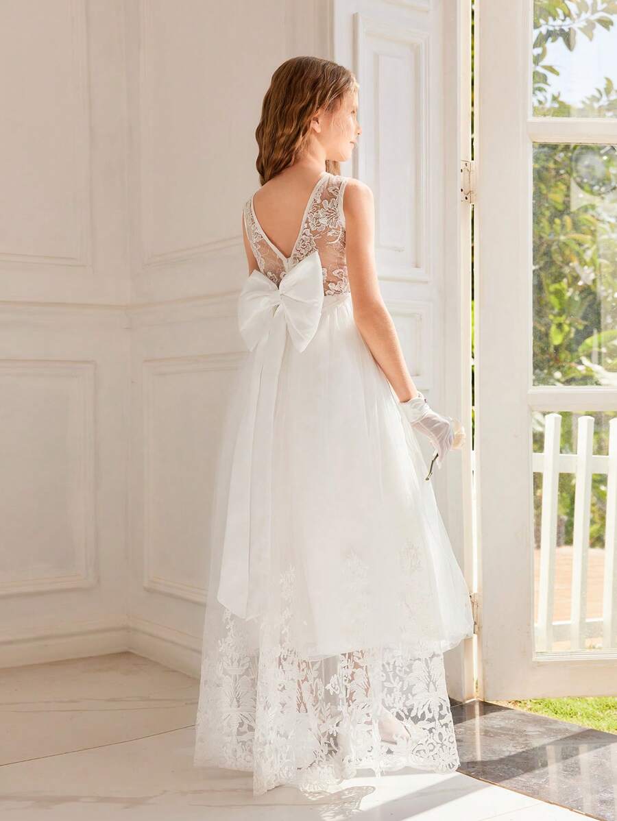 SHEIN Tween Girls Elegant & Delicate White Spaghetti Strap Dress, Long Mesh Gown Suitable For Party, Wedding, Valentine's Day Gift, Flower Show Performance - White - View 1