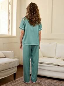 Conjunto de 3 piezas de pijama de satén elegante y minimalista para adolescentes, incluye pantalón largo y camiseta de manga corta, ropa de estar en casa cómoda y casual - Verde - Ver 2