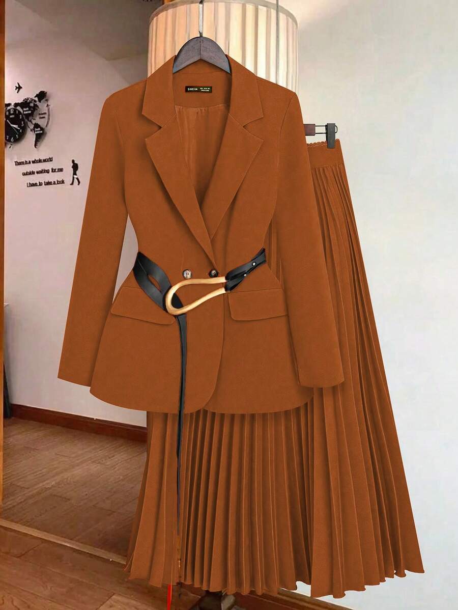 SHEIN Clasi Komplet damski: marynarka + spódnica plisowana - Brązowy - Zobacz 1