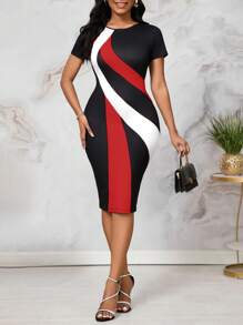 SHEIN Lady Vestido de Festa de Natal Vestido de Escritório Vestido com Listras Contrastantes Rosa Vermelho Preto Estampa de Listras Manga Curta Saia Quadril Vestido Feminino Verão Trabalho Festa - Vermelho - Visão 4