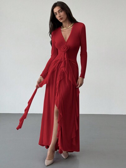 Aloruh Nuovo abito elegante con decorazione a fiore 3D, balza e nastro, design con scollo a V profondo in rete, sexy