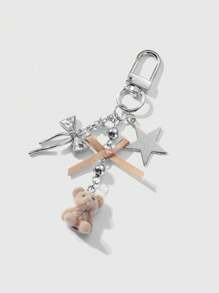 ROMWE Kawaii 1 件韩式精致时尚优质银链水钻蝴蝶结星形绒毛泰迪熊吊坠钥匙扣，适合女性、日常佩戴和节日礼物 - 卡其色 - 查看 3