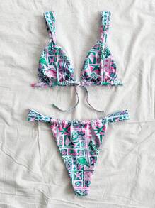 Soleia Women's Colorful Starfish And Shell Patchwork Print V-Neck Patchwork Bowknot Decorated Bandage Bikini 2 Pieces Swimwear, Vacation Style, Tropical Island Vacation, Hawaii Resort Style, Swim Suits For Women, Vacation Outfit Women, Summer Outfits For Women, Beach Outfits For Women - Multicolor - View 3