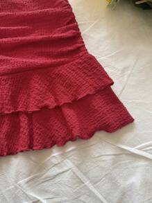 Soleia 2pcs Women's Dark Red Summer Boho Vacation Holiday Knit Texture V-Neck Backless Halter Tie-Up Bow Cropped Camisole&Ruched Ruffle Hem Mini Skirt Set - Red - View 4