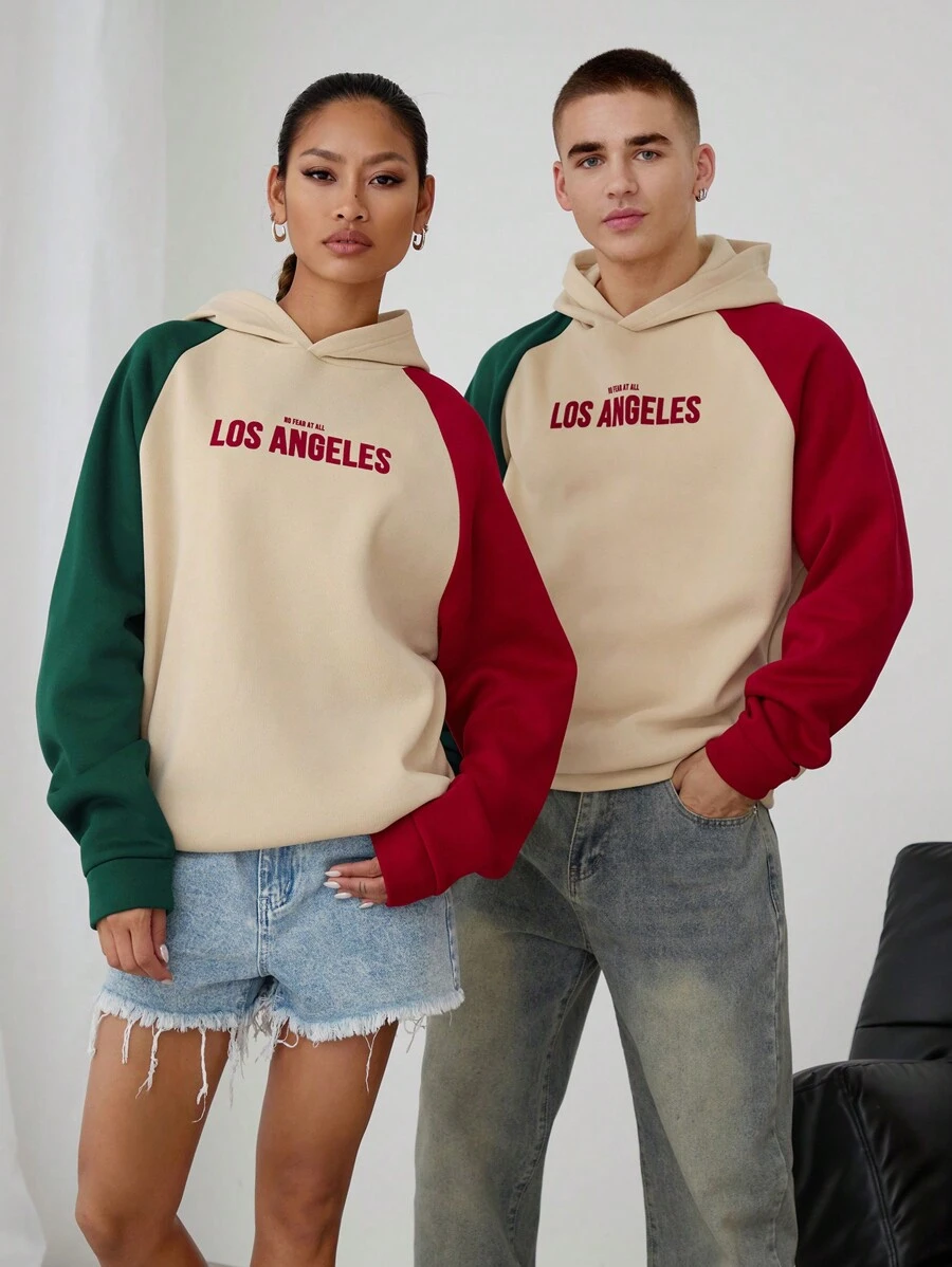 Manfinity Unisex Unisex Letter Print Patchwork Raglan Sleeve Loose Fit Pullover Hoodie - Multicolor - View 1