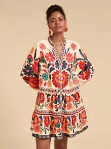 Travachic Printed Loose Smock Dress, Long Sleeve,Mexican Women Dresses,Vacation Casual Dress,Summer Dresses For Women