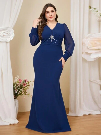 SHEIN Belle 大码优雅拼布针织蓝色水钻细节美人鱼下摆连衣裙，婚礼宾客礼服春夏，派对礼服，正式礼服，晚礼服