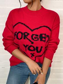 Calvaya Femmes grande taille Pull décontracté à manches longues avec motif cœur et pêche pour l'automne/l'hiver, convient pour le pull tricoté de la Saint-Valentin - Rouge - Voir 1