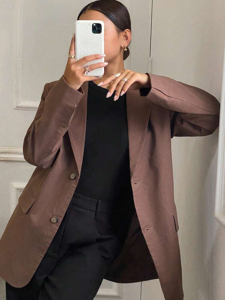 Women Solid Color Loose Fit Long Sleeve Lapel Pocket Blazer, Fall Clothes Business Attire