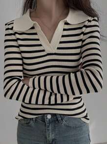 DAZY Women Half-Zip Up Striped Fitted Sweater Fall - Black and White - View 6