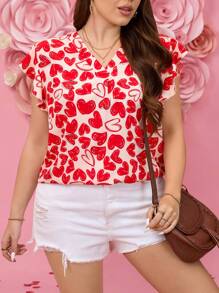 SHEIN LUNE Blusa casual romántica de manga corta con cuello en V y estampado de corazón para mujeres de talla grande en el Día de San Valentín, blusa de cumpleaños para mujer para el verano