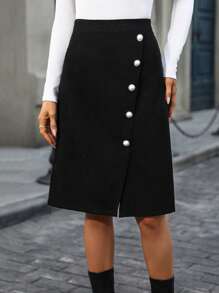 SHEIN Clasi 女士休闲纽扣 A 字裙，适合秋季日常穿着灯芯绒女装 - 黑色 - 查看 3