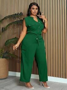 Slaydiva 大码优雅通勤休闲纯色黄色无袖V领开襟抽绳腰带交叉口袋及踝连体裤，春夏款，女款 - 綠色 - 查看 4