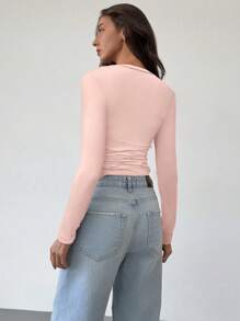 Aloruh Elegant Slim Fit Deep V-Neck Long Sleeve T-Shirt For Young Women, Casual Wear