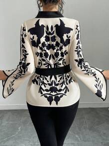 Chiquease 女式纯色拼接长袖前系带休闲优雅衬衫 - 杏色 - 查看 2