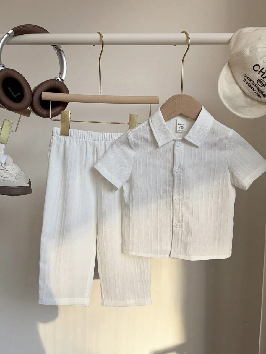 2 piezas Conjunto de bebé/niño pequeño unisex de polo de cuello sólido con textura y pantalón de cintura elástica, conjunto de ropa casual versátil para primavera, verano, otoño, adecuado para el hogar, al aire libre, escuela, deportes