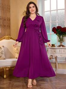 Modelyn Plus Size Plus Size V-Neck Floral Elegant Romantic A-Line Dress - Red Violet - View 1