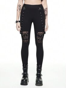 ROMWE Grunge Punk 深色朋克镂空金属扣点缀紧身打底裤，配有可拆卸腰带，适合女士 - 黑色 - 查看 5
