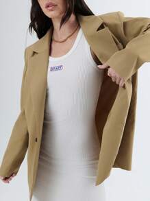 SHEIN Unity 优雅纯色翻领双排扣西装外套 - 卡其色 - 查看 5