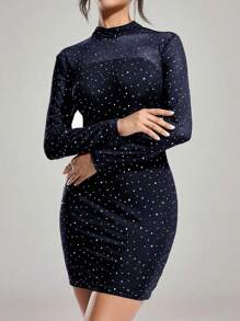 SHEIN Belle Damen stehkragen langarm minimalistisches elegantes kurzes cocktailkleid, hochzeitsgast kleid