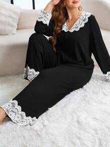 Plus Size Lace Collar Patchwork Long Sleeve Pajama Set