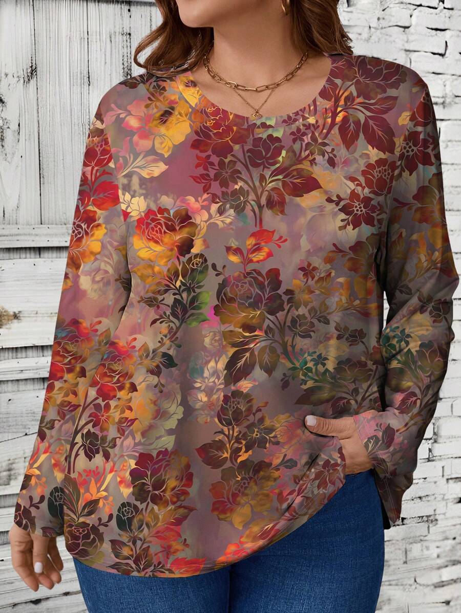 大码女式花卉随机印花休闲圆领长袖 T 恤，秋季图案 T 恤女式春季上衣 - 彩色 - 查看 1