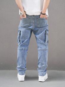 Manfinity Homme Quần Jeans Denim Giặt Nước Cho Nam Có Túi Khóa Kéo Bên Trong, Quần Cargo Dài Ôm Vừa Đơn Giản Màu Xanh Nhạt, Dành Cho Chồng, Quà Tặng Bạn Trai - Màu xanh lam - Xem 2