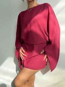Aloruh Elegant Boat Neck Long Sleeve Batwing Sleeve Versatile Vintage Burgundy Shift Dress For Commuting - Burgundy - View 4