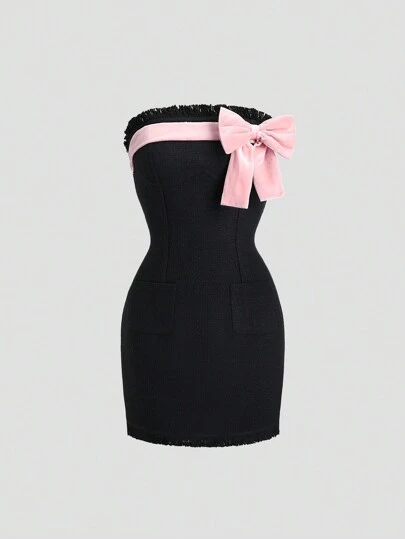 Sweetra 女士新款秋冬黑色性感美式甜心流苏边粉色蝴蝶结露肩紧身裙，优雅派对迷你连衣裙 Y2K 装节日派对生日连衣裙