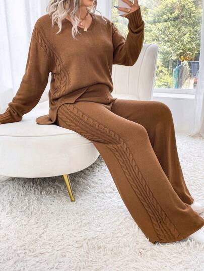 Calvaya Plus Size Women's Solid Color Simple Everyday Long Sleeve Sweater And Long Pants Set, For Winter Brown Two Pieces Setsweater Pants Setwinter Co Ord Setwomen Lounge Set2 Pieces Lounge Set Fall Cloth For Women Autumn