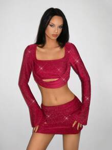 EgrlEra 性感闪亮长袖低胸上衣 + 迷你褶皱紧身裙 2 件套，新年派对装，情人节 - 酒紅色 - 查看 3